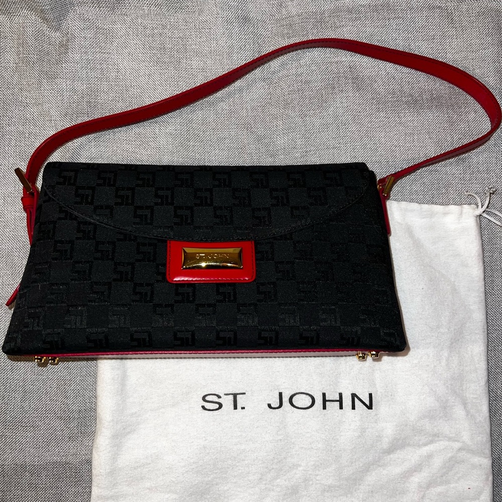 Classic St. John Red Leather and Logo Print Shoulder Bag